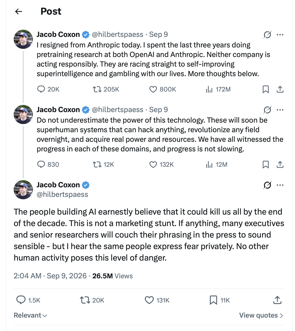 Jacob Coxons opslag om sin afsked fra Anthropic og sin bekymring for udviklingen af AI.