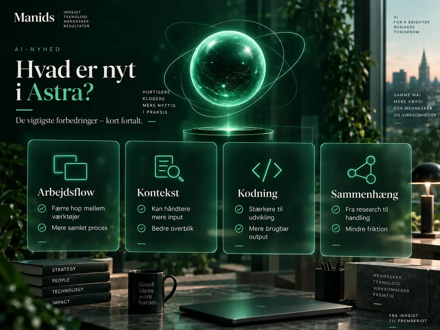 Fire kort med Astras forbedringer: arbejdsflow, kontekst, kodning og sammenhæng, i Manids' grønne univers.