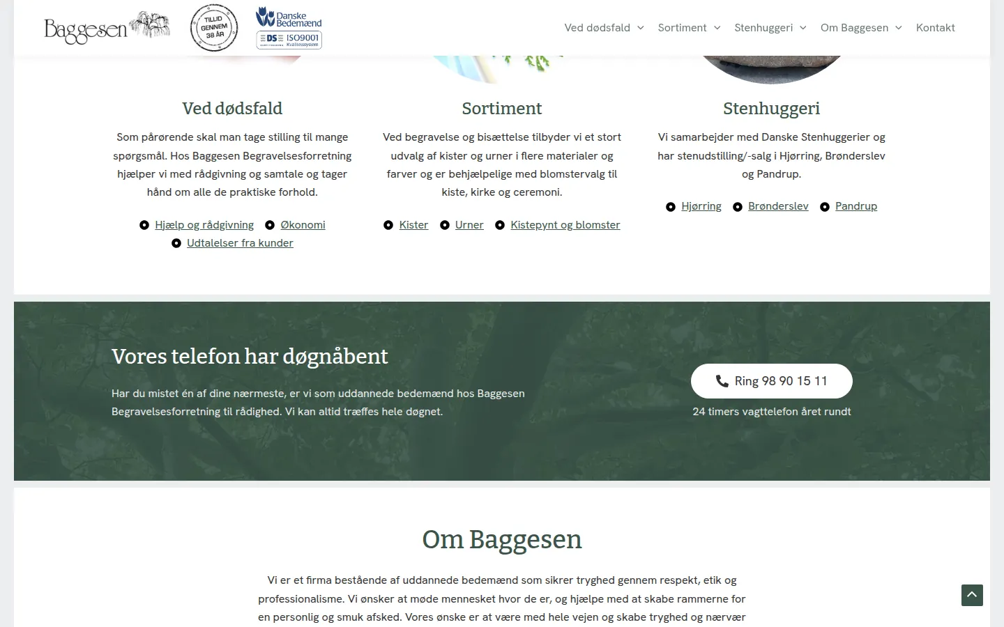 Skærmbillede af Baggesen Begravelses website