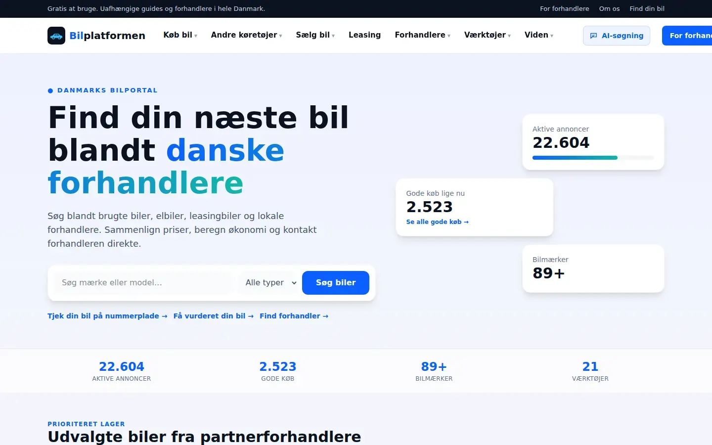 Skærmbillede af Bilplatformen.dk (egen platform)s website