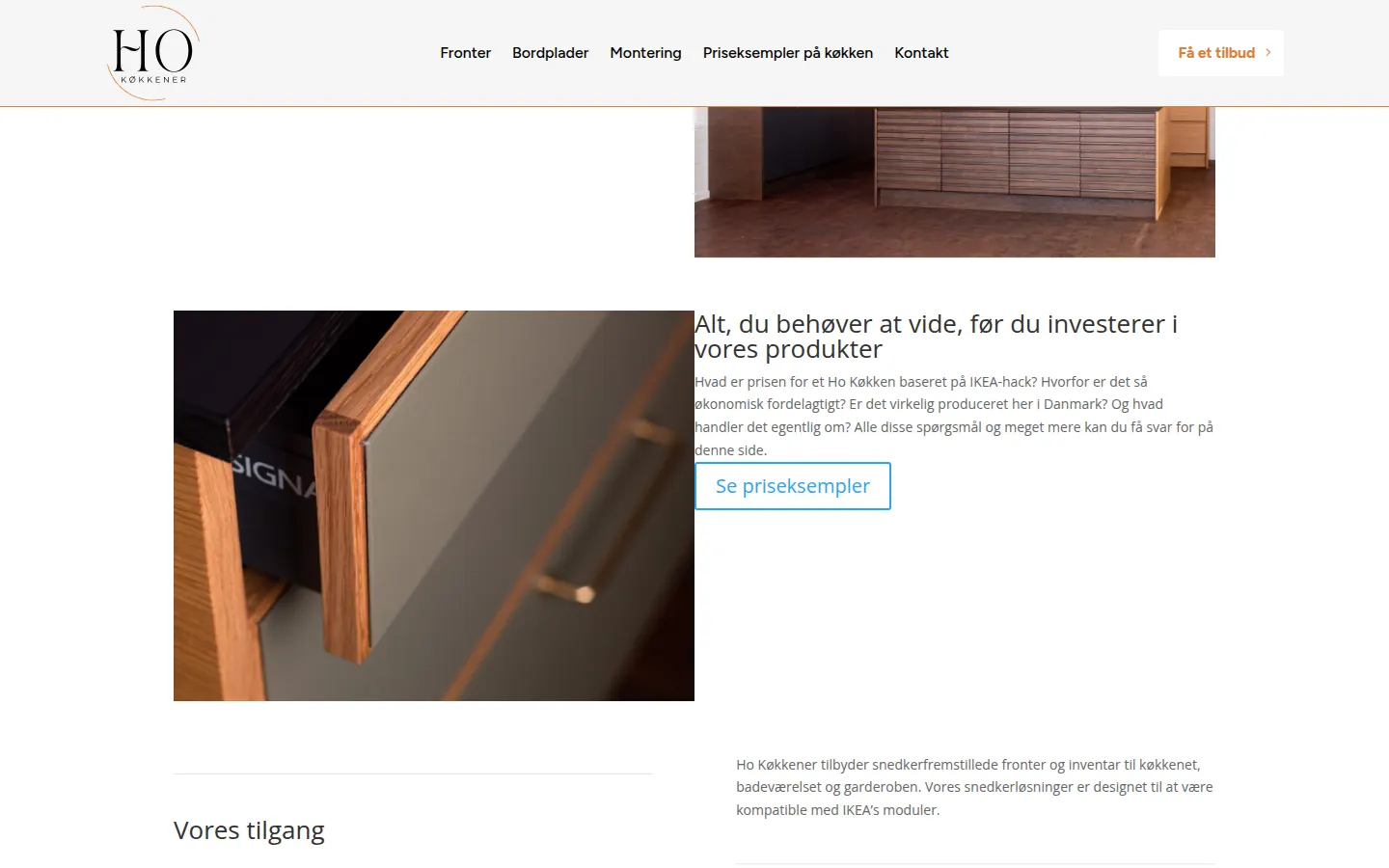 Skærmbillede af Ho Køkkener og Ho Bordpladers website