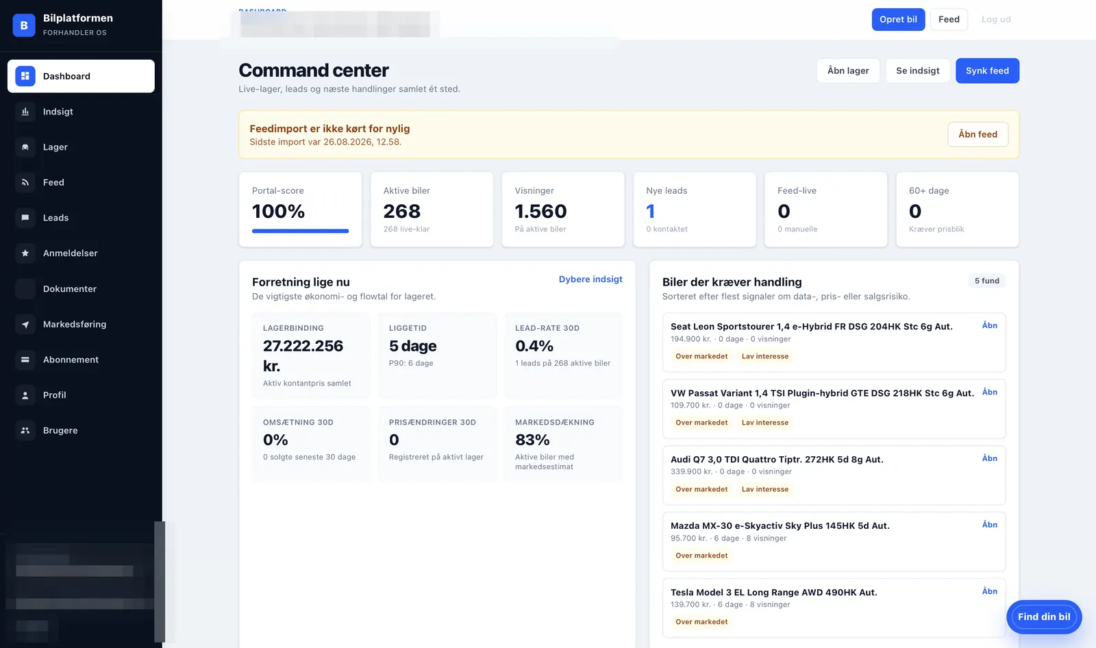 Command center i Bilplatformens forhandlerportal med lager, leads og handlinger