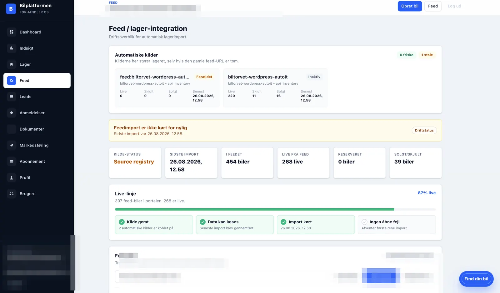 Feed- og lagerintegration med driftsstatus og live-linje